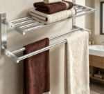 Double-Tier Shelf with Towel Bar — Brushed Nickel Stainless Steel