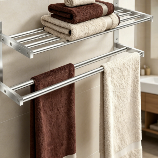 Double-Tier Shelf with Towel Bar — Brushed Nickel Stainless Steel