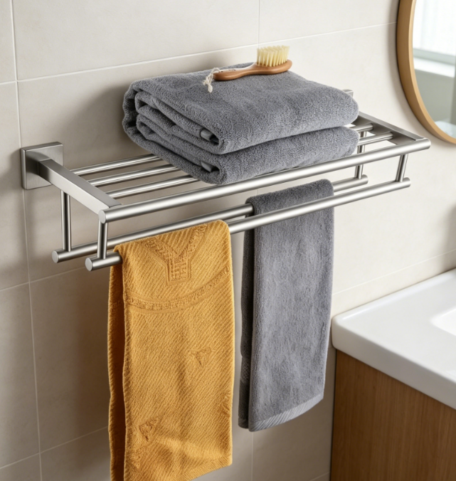 Double-Bar Stainless Steel Towel Rack — Brushed Nickel Wall Mount