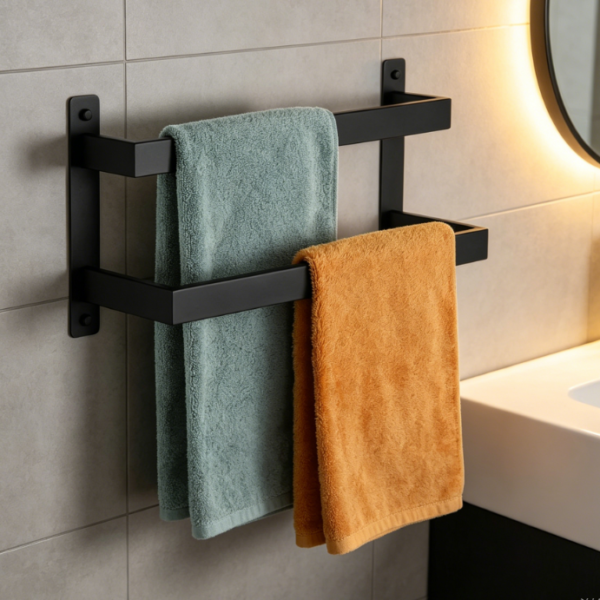 Double-Tiered Towel Bar — Black Stainless Steel Wall Mount